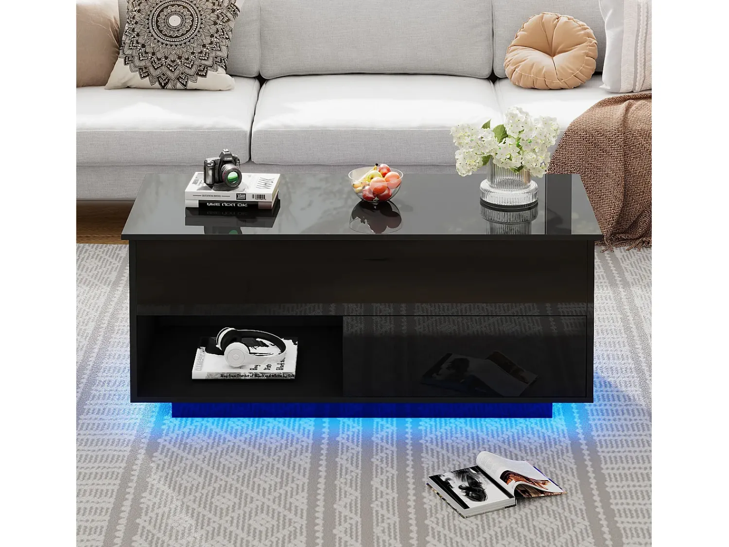 New ModernLuxe Mesa de centro elevável com LED - com arrumação - efeito brilhante - Preto