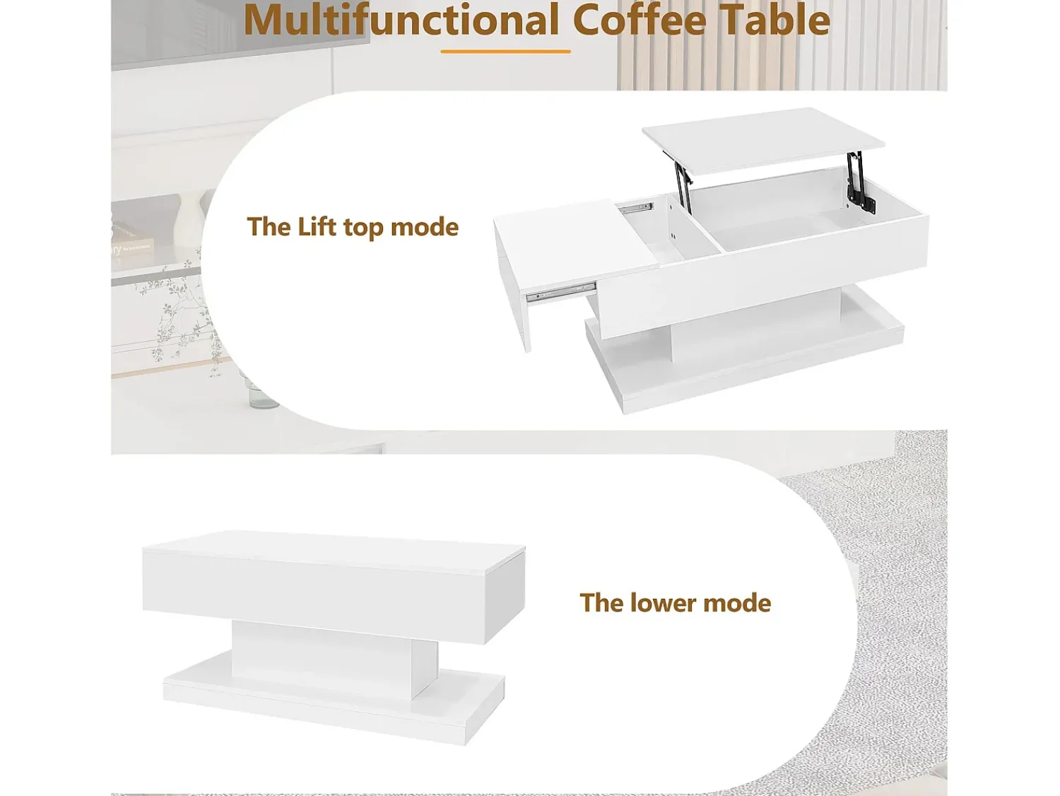 ModernLuxe Mesa de centro elevável com LED - com espaço de arrumação e tampo semi-elevável -^ Mesa De Centro