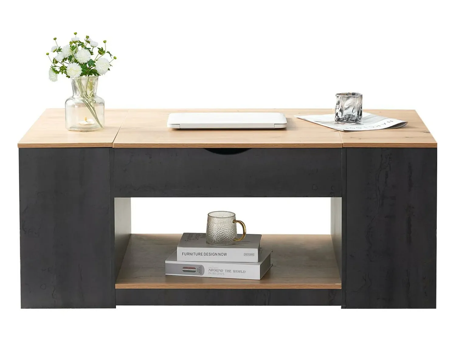 Outlet ModernLuxe Mesa de centro elevável em MDF - com espaço de arrumação por baixo da mesa - Cinzento Cinzento / Natural claro