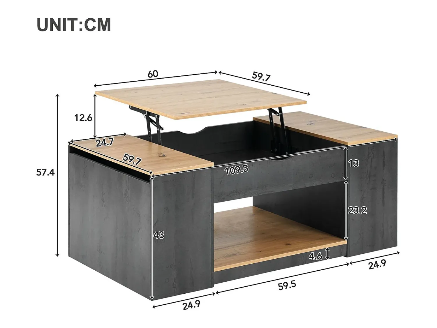 Outlet ModernLuxe Mesa de centro elevável em MDF - com espaço de arrumação por baixo da mesa - Cinzento Cinzento / Natural claro