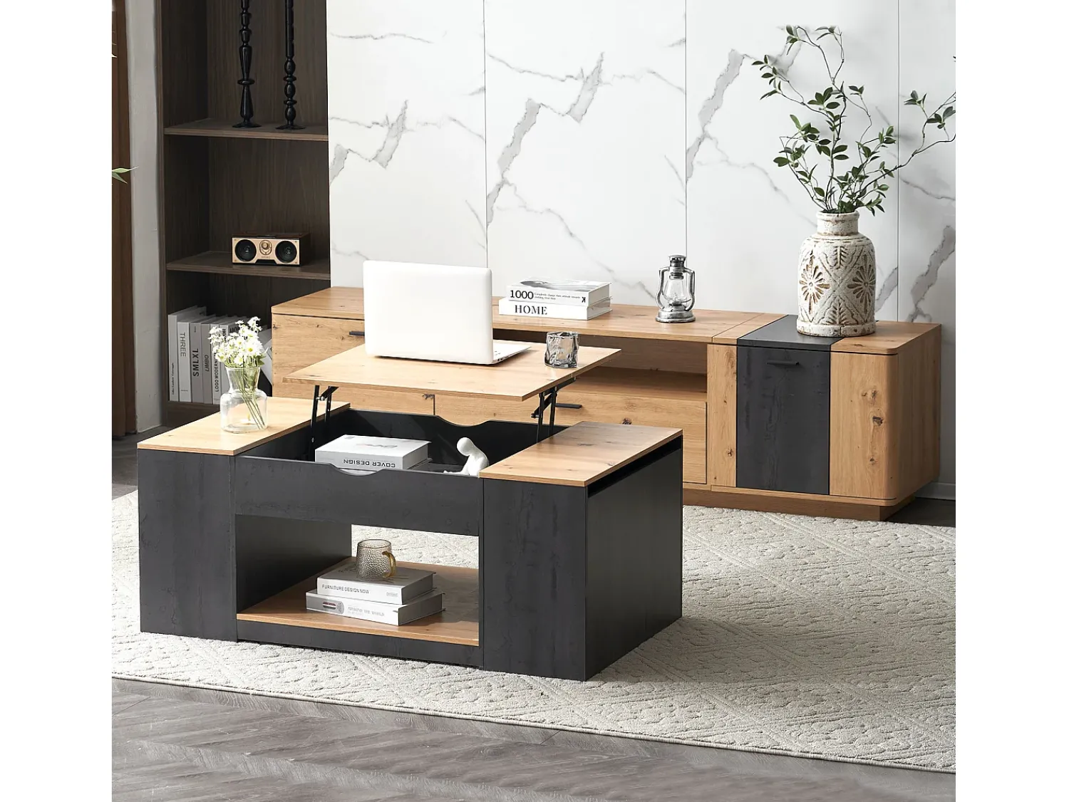 Outlet ModernLuxe Mesa de centro elevável em MDF - com espaço de arrumação por baixo da mesa - Cinzento Cinzento / Natural claro