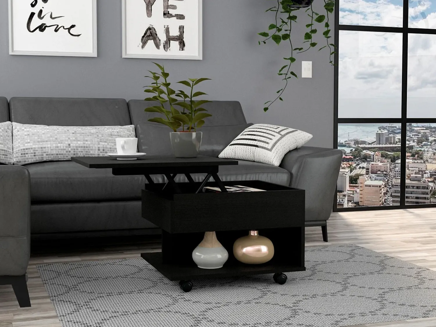 Mesa De Centro|TuHome Mesa de centro elevável Luanda, com rodízios, 38.86 cm X 54.86 cm X 49.78 cm , Preto