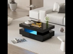 Mesa De Centro*Merax Mesa de centro em alto brilho, com faixa de luz LED, 4 gavetas na frente e atrás, Aglomerado de madeira, Preto