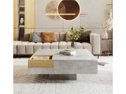 Mesa De Centro| Mesa de centro em concreto cinza e madeira com caixa de arrumação (72x72x30 cm) Cinzento