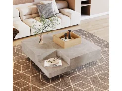 Mesa De Centro| Mesa de centro em concreto cinza e madeira com caixa de arrumação (72x72x30 cm) Cinzento