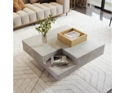 Mesa De Centro| Mesa de centro em concreto cinza e madeira com caixa de arrumação (72x72x30 cm) Cinzento