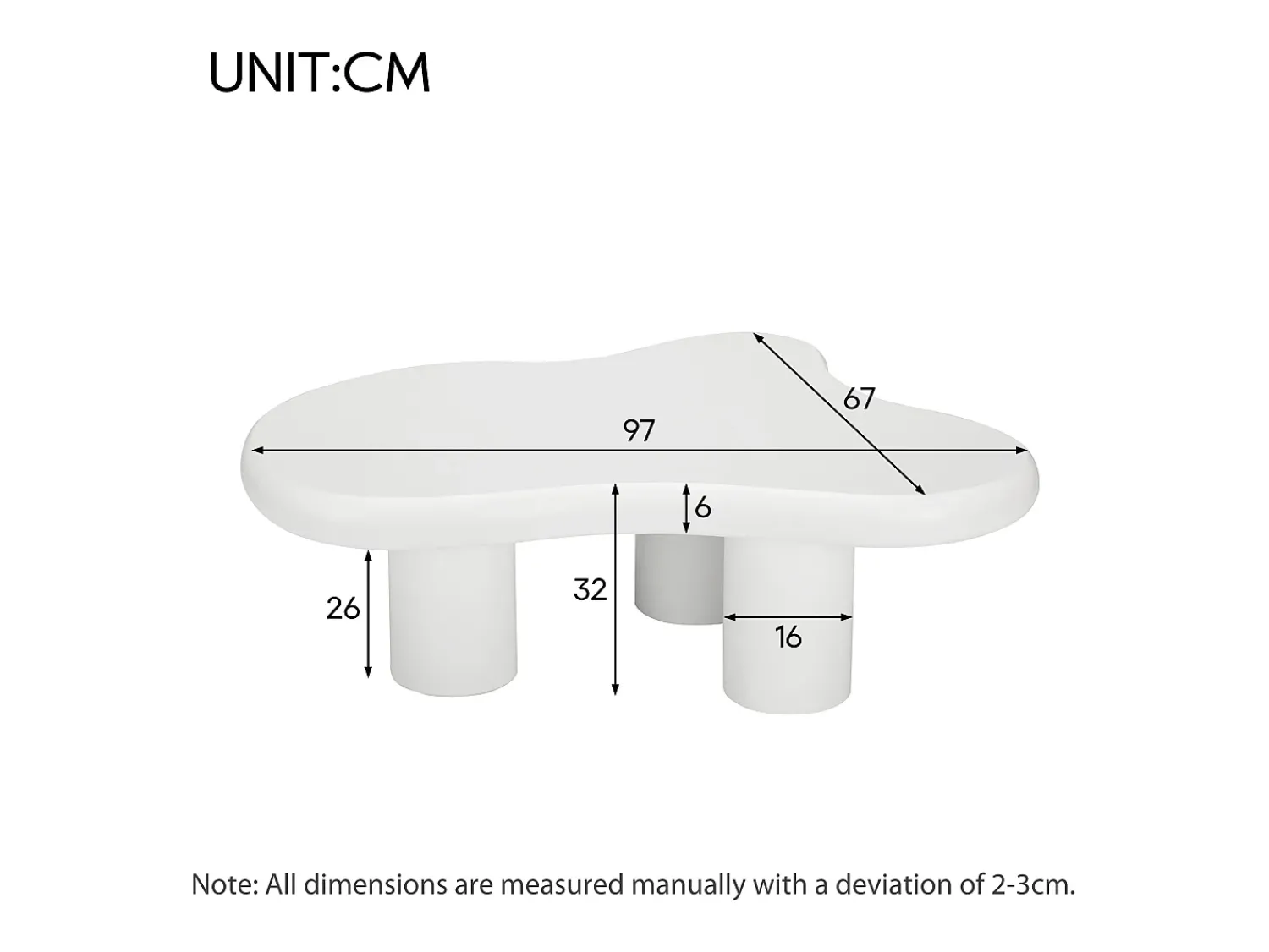 Mesa de centro em forma de nuvem irregular - Mesa de centro branca com tampo em MDF e base em feltro - 97x67x32cm^ Mesa De Centro