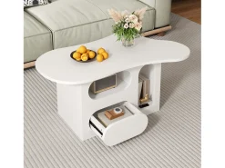 Mesa De Centro| Mesa de centro em formato de nuvem com gavetas curvas e compartimentos de armazenamento abertos, branca. Branco
