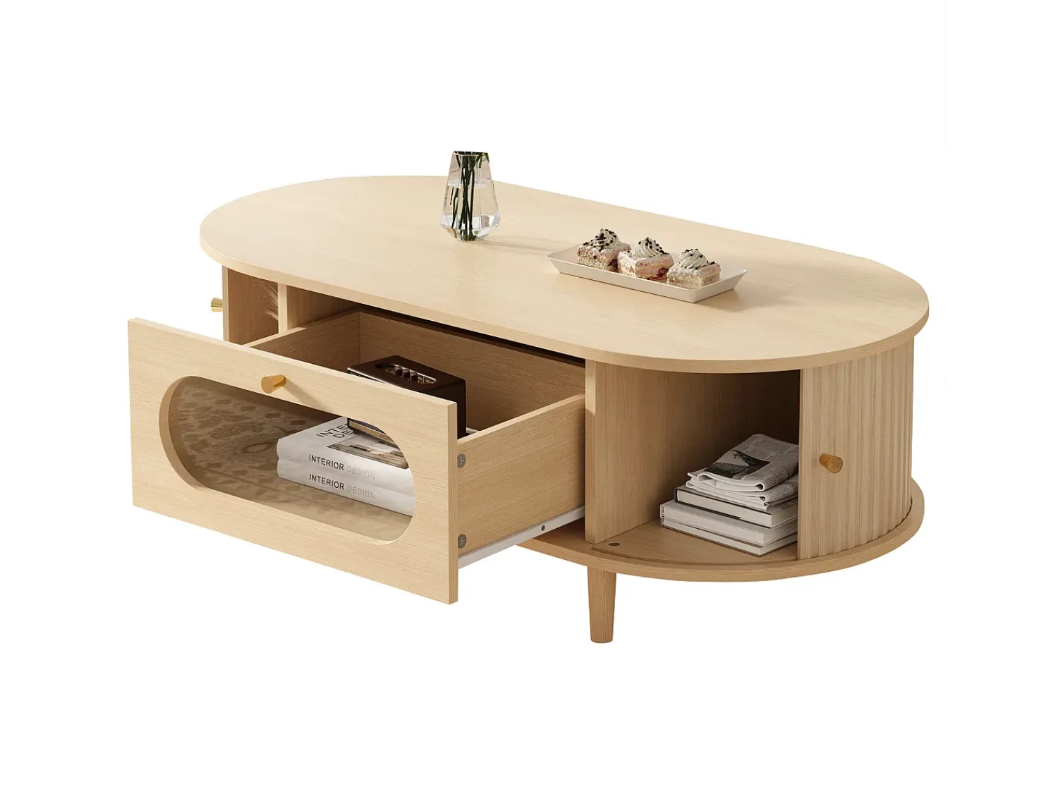 Mesa De Centro|ModernLuxe Mesa de centro em madeira com efeito de madeira 100x50x36 cm - 1 gaveta e 2 portas de correr - MDF - Natural Natural claro