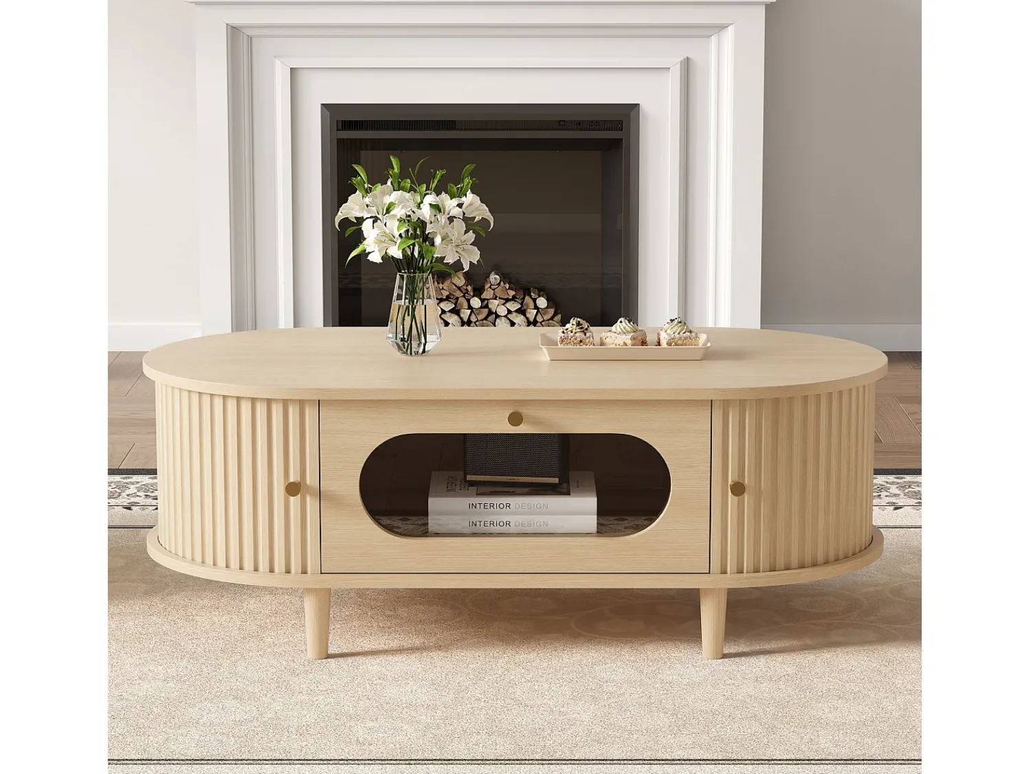 Mesa De Centro|ModernLuxe Mesa de centro em madeira com efeito de madeira 100x50x36 cm - 1 gaveta e 2 portas de correr - MDF - Natural Natural claro