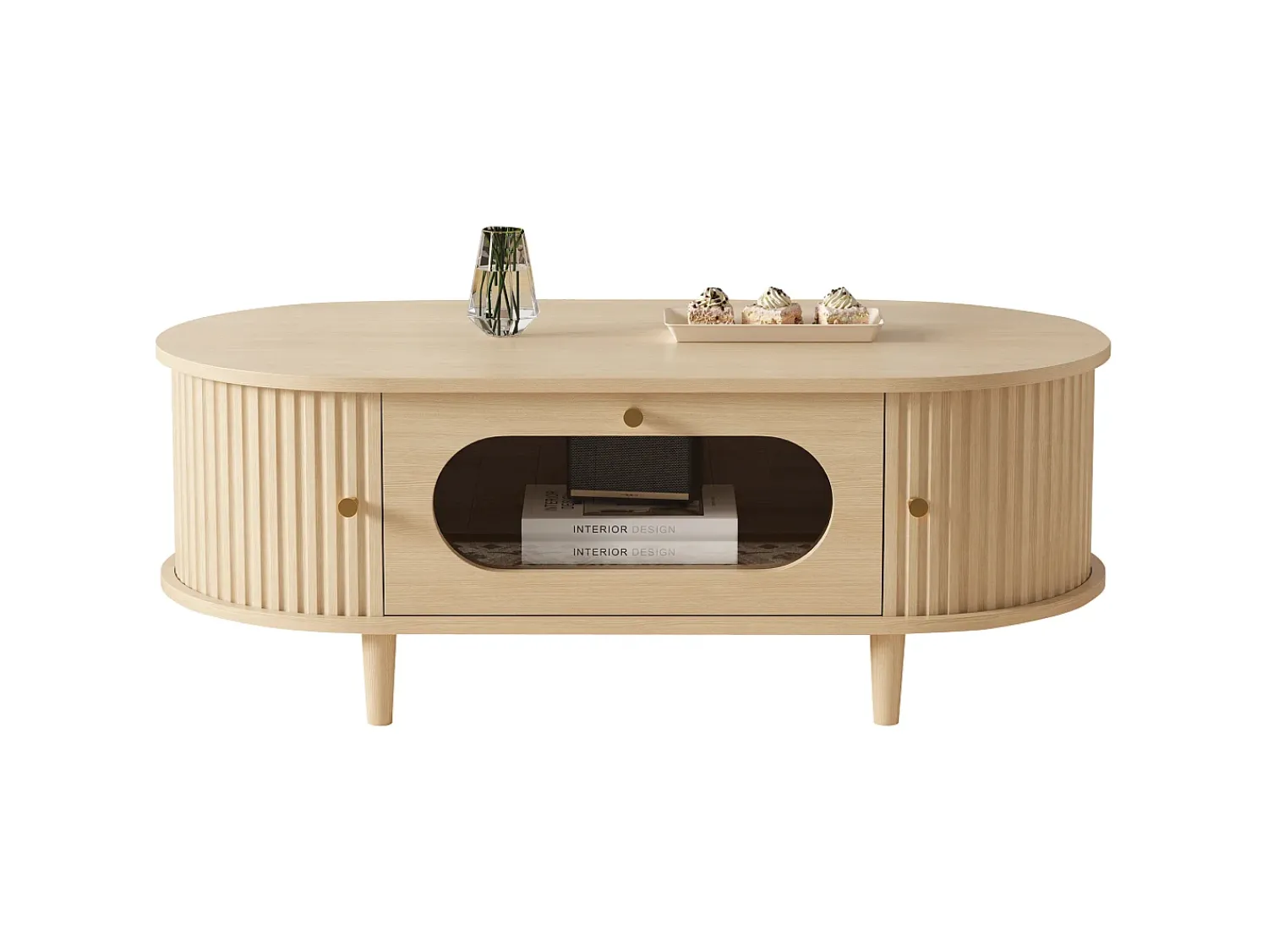Mesa De Centro|ModernLuxe Mesa de centro em madeira com efeito de madeira 100x50x36 cm - 1 gaveta e 2 portas de correr - MDF - Natural Natural claro