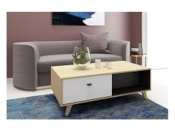 Mesa De Centro|Concept-Usine Mesa de centro em madeira natural com gaveta SKADI - Design escandinavo, e madeira clara, espaço de arrumação Branco