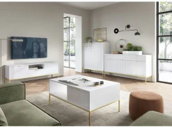 Mesa de centro em madeira laminada com pés em metal dourado 104x68 cm^ Mesa De Centro