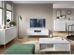 Mesa de centro em madeira laminada com pés em metal dourado 104x68 cm^ Mesa De Centro