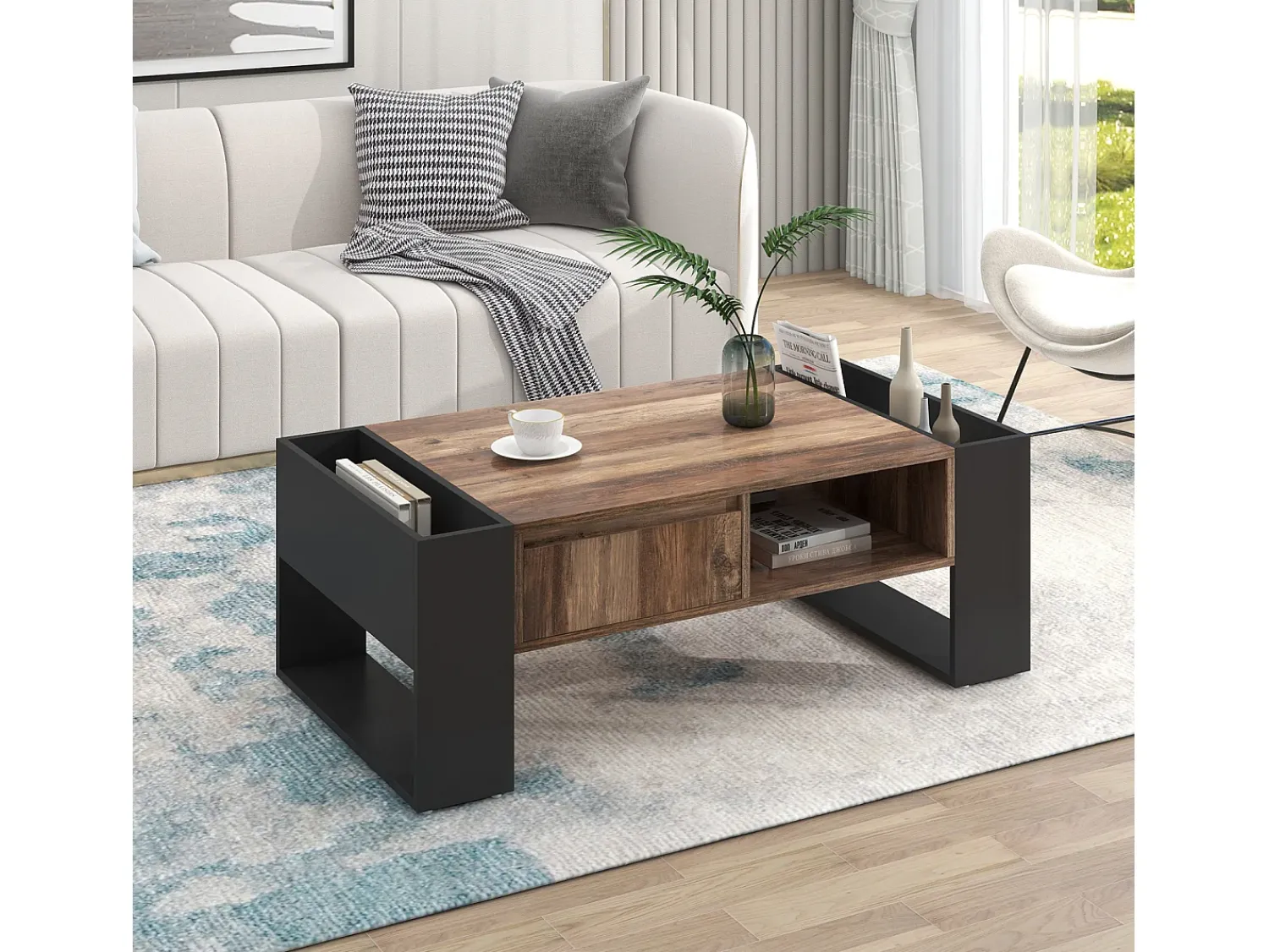 Mesa de centro em madeira granulada, 106,4x40x60cm, com 1 gaveta e compartimentos de arrumação, + Cinza^ Mesa De Centro
