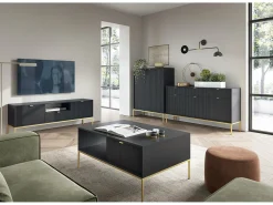 New Mesa de centro em madeira laminada com pés em metal dourado 104x68 cm Preto