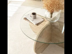 Concept-Usine Mesa de Centro em Madeira com Efeito Pedra Vidro RIBE Moderna Elegante com Arrumação^ Mesa De Centro