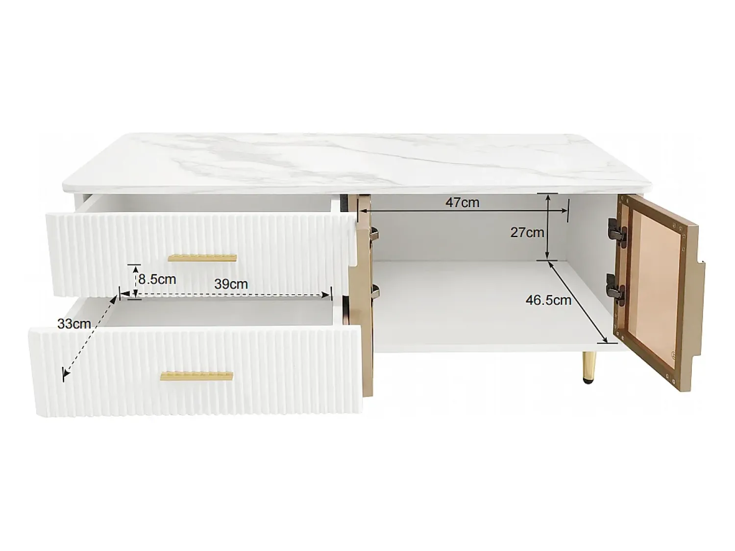 Mesa De Centro* Mesa de centro em mármore - Aparador com duas gavetas e um compartimento de arrumação com LED Branco