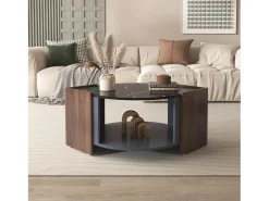 Discount Mesa de centro em mármore e nogueira - Cores contrastantes, madeira com gaveta e espaço de armazenamento aberto Preto