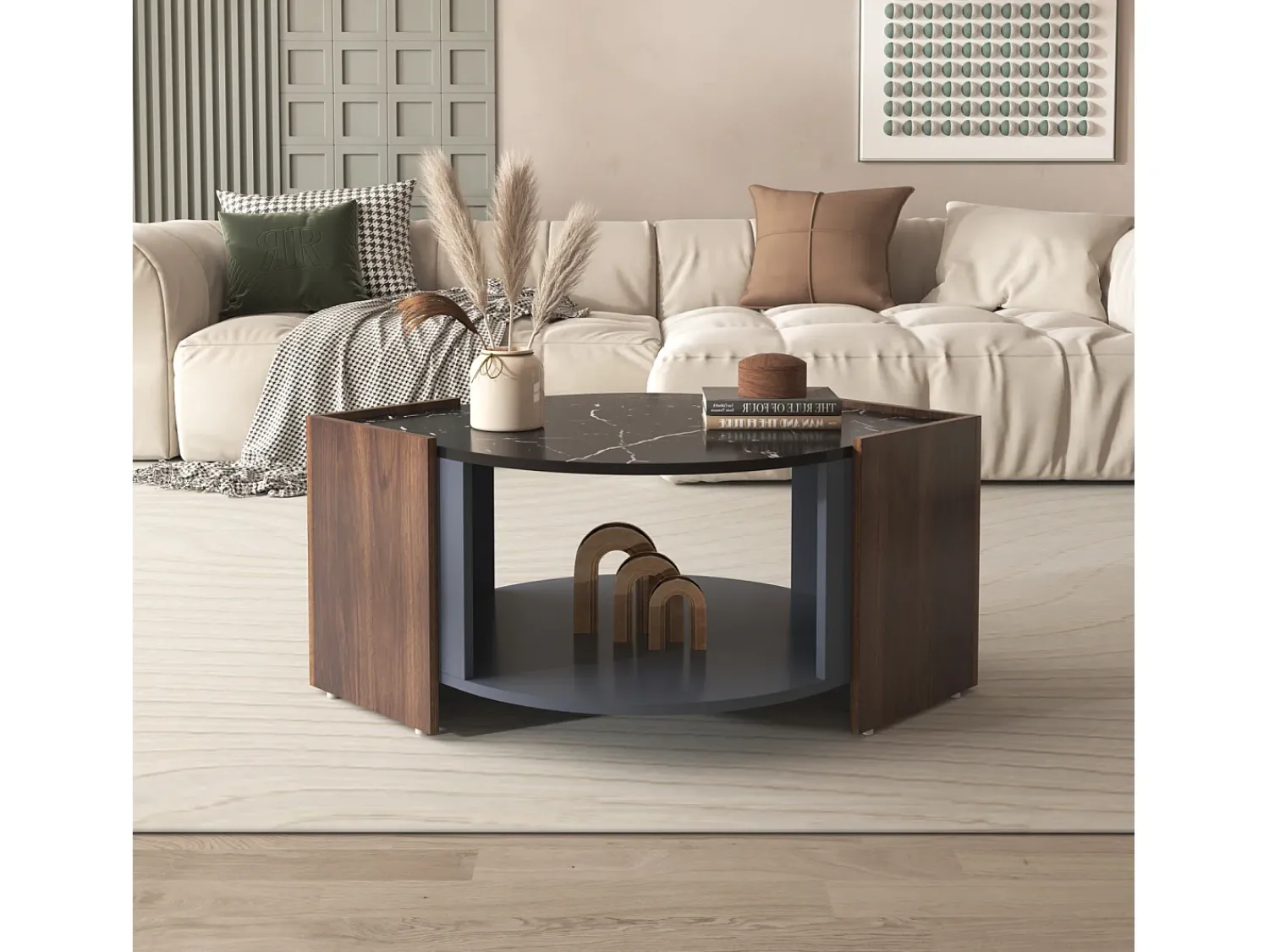 Discount Mesa de centro em mármore e nogueira - Cores contrastantes, madeira com gaveta e espaço de armazenamento aberto Preto