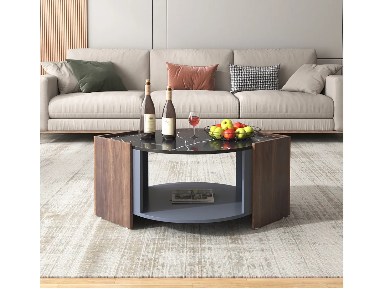 Discount Mesa de centro em mármore e nogueira - Cores contrastantes, madeira com gaveta e espaço de armazenamento aberto Preto