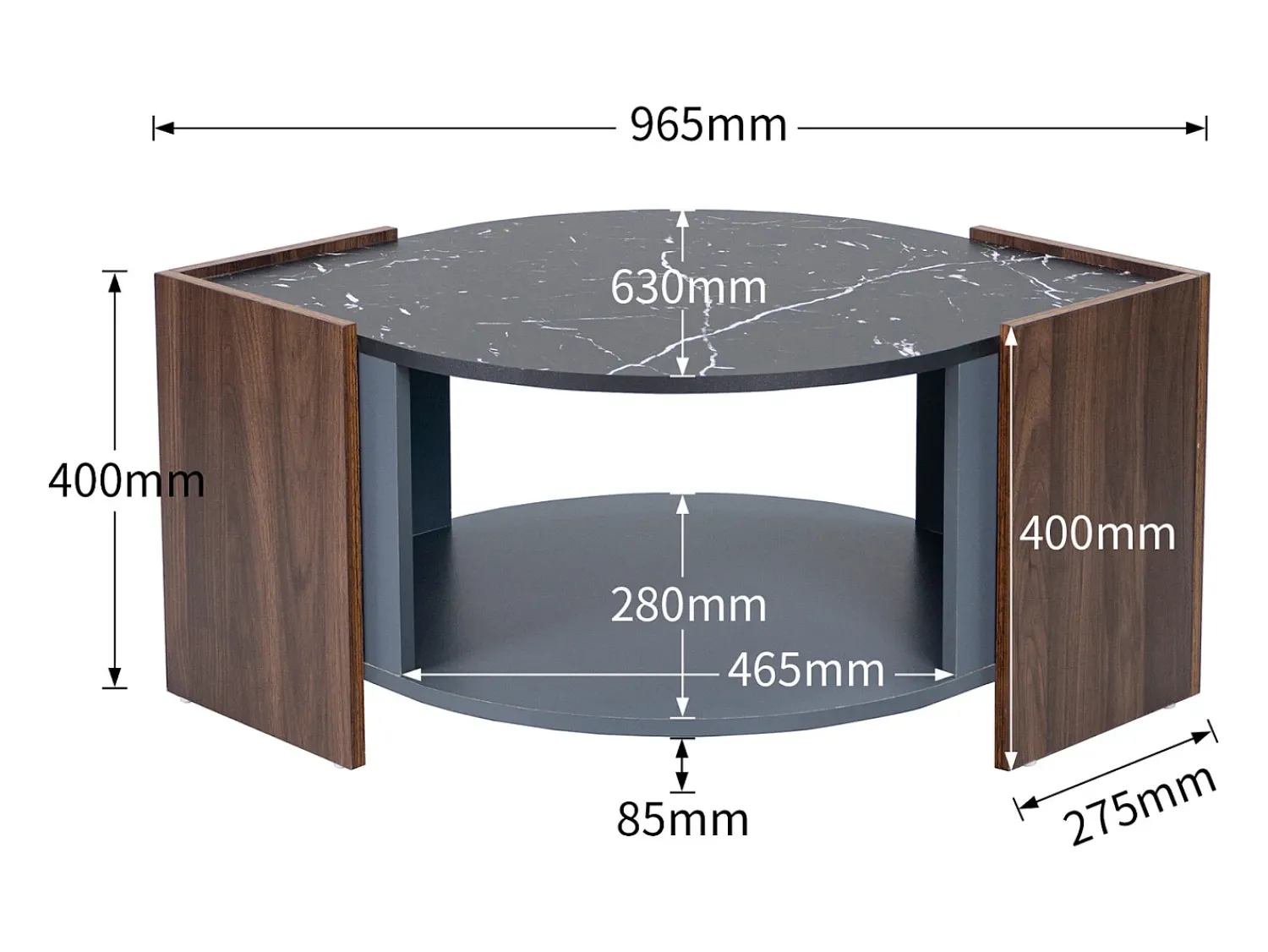 Discount Mesa de centro em mármore e nogueira - Cores contrastantes, madeira com gaveta e espaço de armazenamento aberto Preto