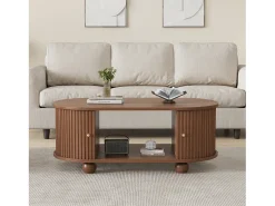 Mesa De Centro*Merax Mesa de centro em nogueira - 100 x 50 x 40 cm - com arrumação + portas de correr - MDF - Natural escuro