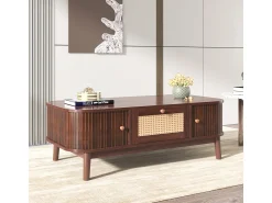 Mesa De Centro| Mesa de centro em rattan com gavetas e portas de correr, pés em madeira maciça, estilo rústico natural. Natural escuro