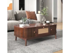 Mesa De Centro| Mesa de centro em rattan com gavetas e portas de correr, pés em madeira maciça, estilo rústico natural. Natural escuro