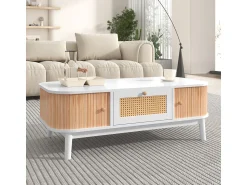 New Mesa de centro em rattan com gavetas e portas de correr, pés em madeira maciça, estilo rústico natural. Branco
