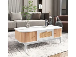 New Mesa de centro em rattan com gavetas e portas de correr, pés em madeira maciça, estilo rústico natural. Branco