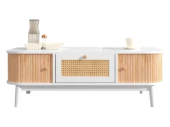New Mesa de centro em rattan com gavetas e portas de correr, pés em madeira maciça, estilo rústico natural. Branco
