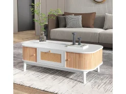 New Mesa de centro em rattan com gavetas e portas de correr, pés em madeira maciça, estilo rústico natural. Branco