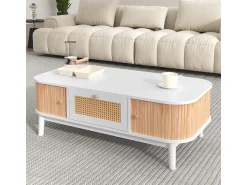 New Mesa de centro em rattan com gavetas e portas de correr, pés em madeira maciça, estilo rústico natural. Branco