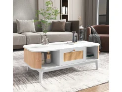 New Mesa de centro em rattan com gavetas e portas de correr, pés em madeira maciça, estilo rústico natural. Branco