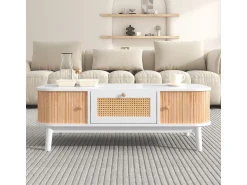 New Mesa de centro em rattan com gavetas e portas de correr, pés em madeira maciça, estilo rústico natural. Branco