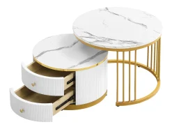 Mesa De Centro|Hauss Spole Mesa de centro encaixável com 2 gavetas - Tampo redondo com efeito mármore - e dourado Branco