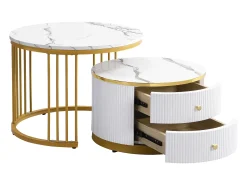 Mesa De Centro|Hauss Spole Mesa de centro encaixável com 2 gavetas - Tampo redondo com efeito mármore - e dourado Branco