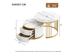 Mesa De Centro|Hauss Spole Mesa de centro encaixável com 2 gavetas - Tampo redondo com efeito mármore - e dourado Branco