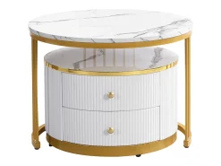 Mesa De Centro|Hauss Spole Mesa de centro encaixável com 2 gavetas - Tampo redondo com efeito mármore - e dourado Branco