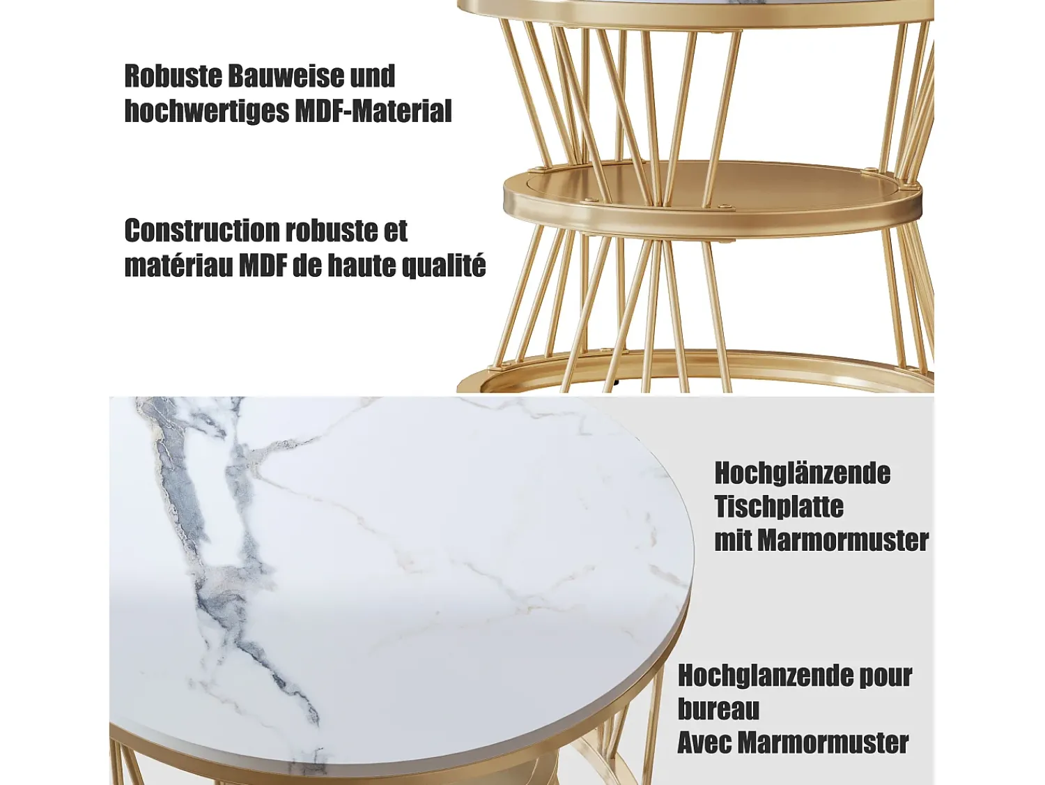 Mesa De Centro* Mesa de centro encaixável, folheado de mármore, estrutura de metal, e branco Dourado