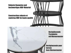 Mesa De Centro| Mesa de centro encaixável, folheado de mármore, estrutura de metal, e branco Preto