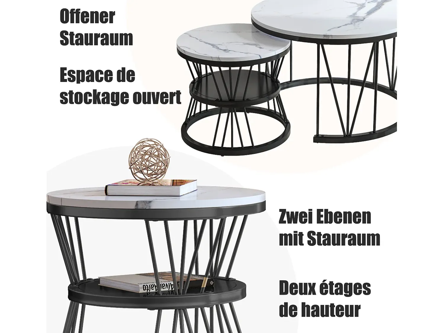 Mesa De Centro| Mesa de centro encaixável, folheado de mármore, estrutura de metal, e branco Preto