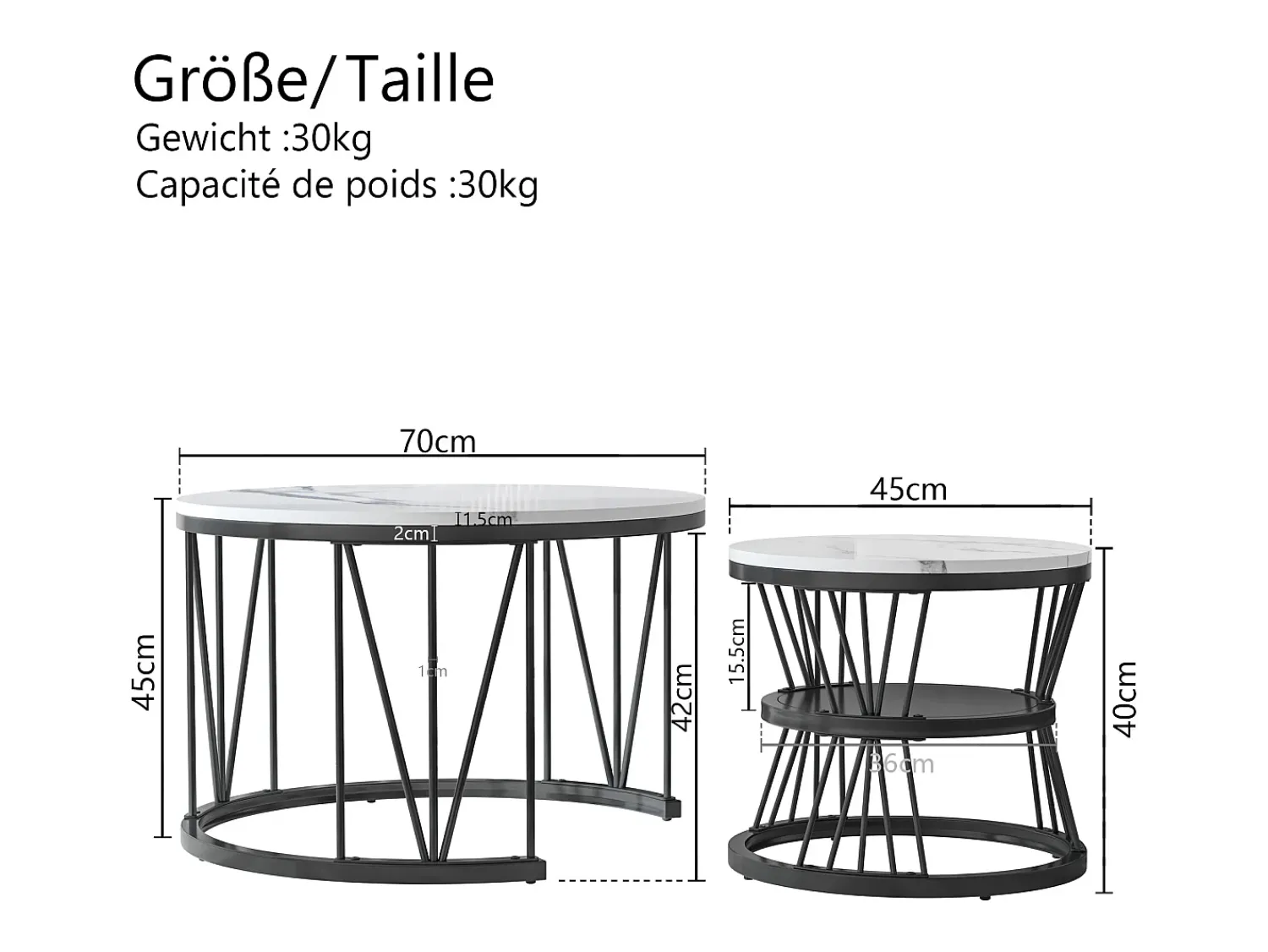 Mesa De Centro| Mesa de centro encaixável, folheado de mármore, estrutura de metal, e branco Preto