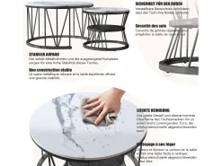 Mesa De Centro| Mesa de centro encaixável, folheado de mármore, estrutura de metal, e branco Preto