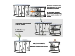 Mesa De Centro| Mesa de centro encaixável, folheado de mármore, estrutura de metal, e branco Preto