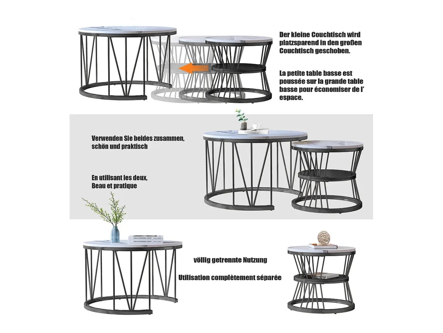 Mesa De Centro| Mesa de centro encaixável, folheado de mármore, estrutura de metal, e branco Preto