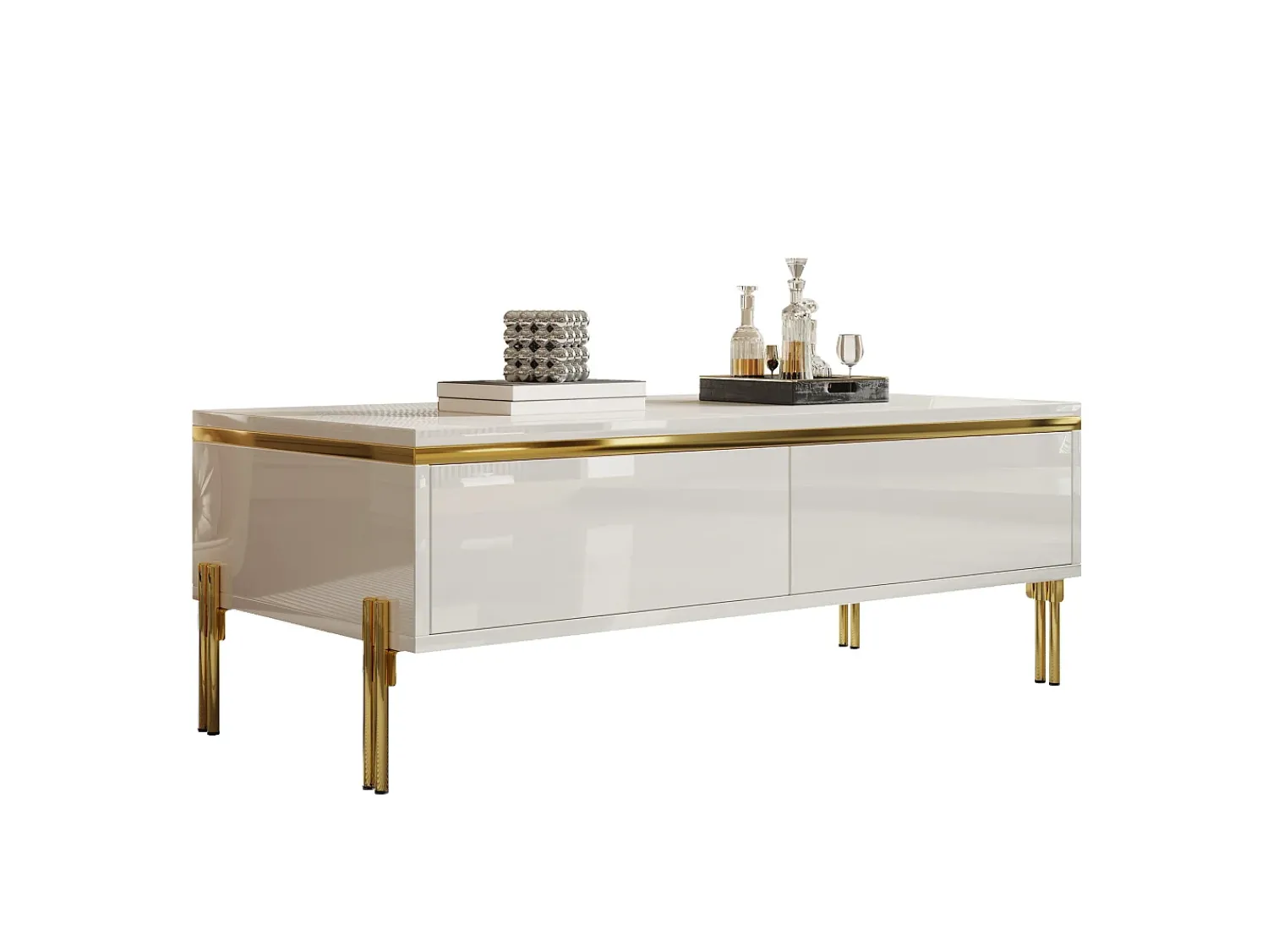 Mesa De Centro|ModernLuxe Mesa de centro envernizada brilhante 100x50x36 cm - 2 gavetas - Pés de metal - Painéis de partículas - Branco