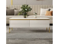 Mesa De Centro|ModernLuxe Mesa de centro envernizada brilhante 100x50x36 cm - 2 gavetas - Pés de metal - Painéis de partículas - Branco