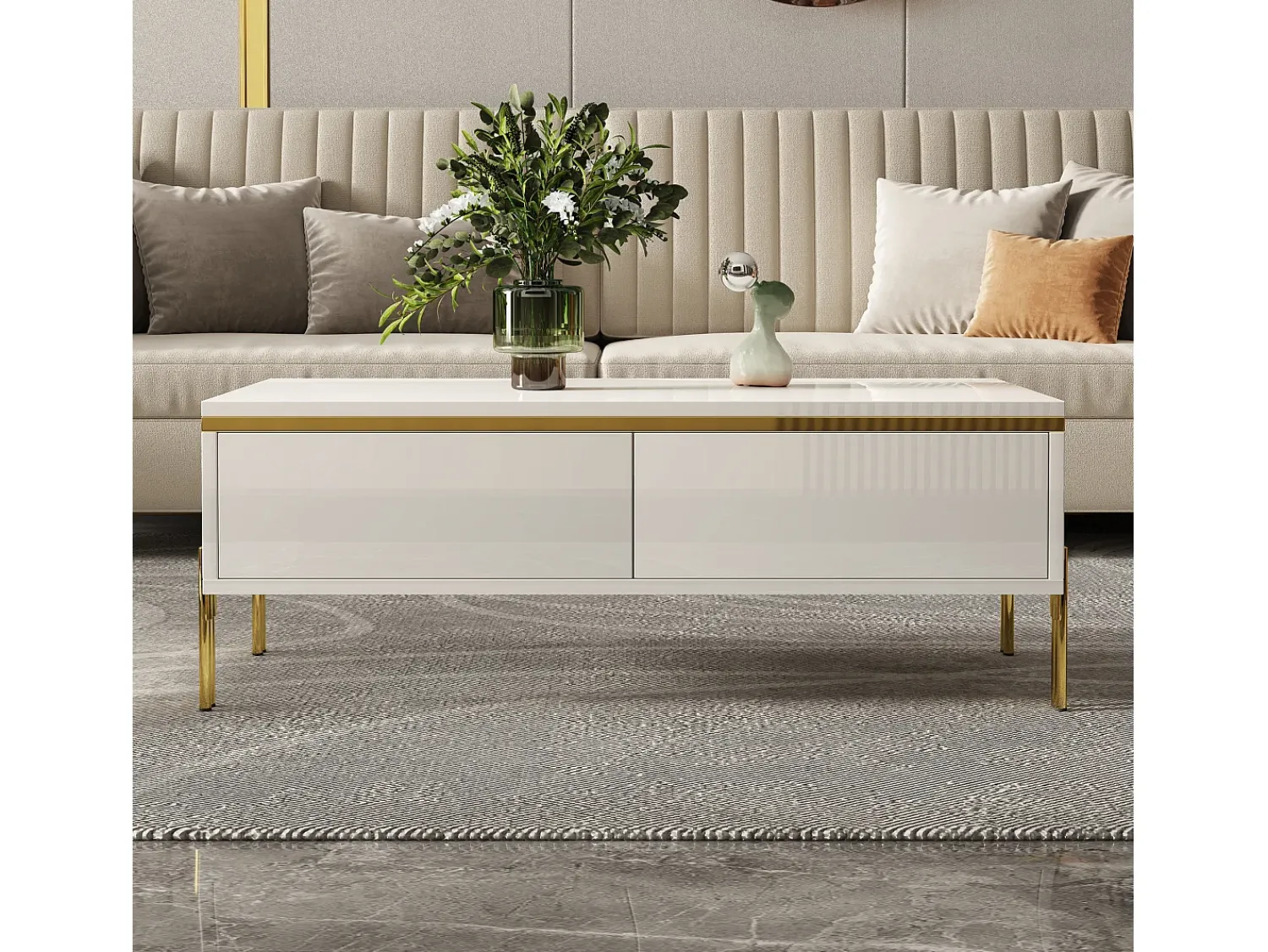 Mesa De Centro|ModernLuxe Mesa de centro envernizada brilhante 100x50x36 cm - 2 gavetas - Pés de metal - Painéis de partículas - Branco